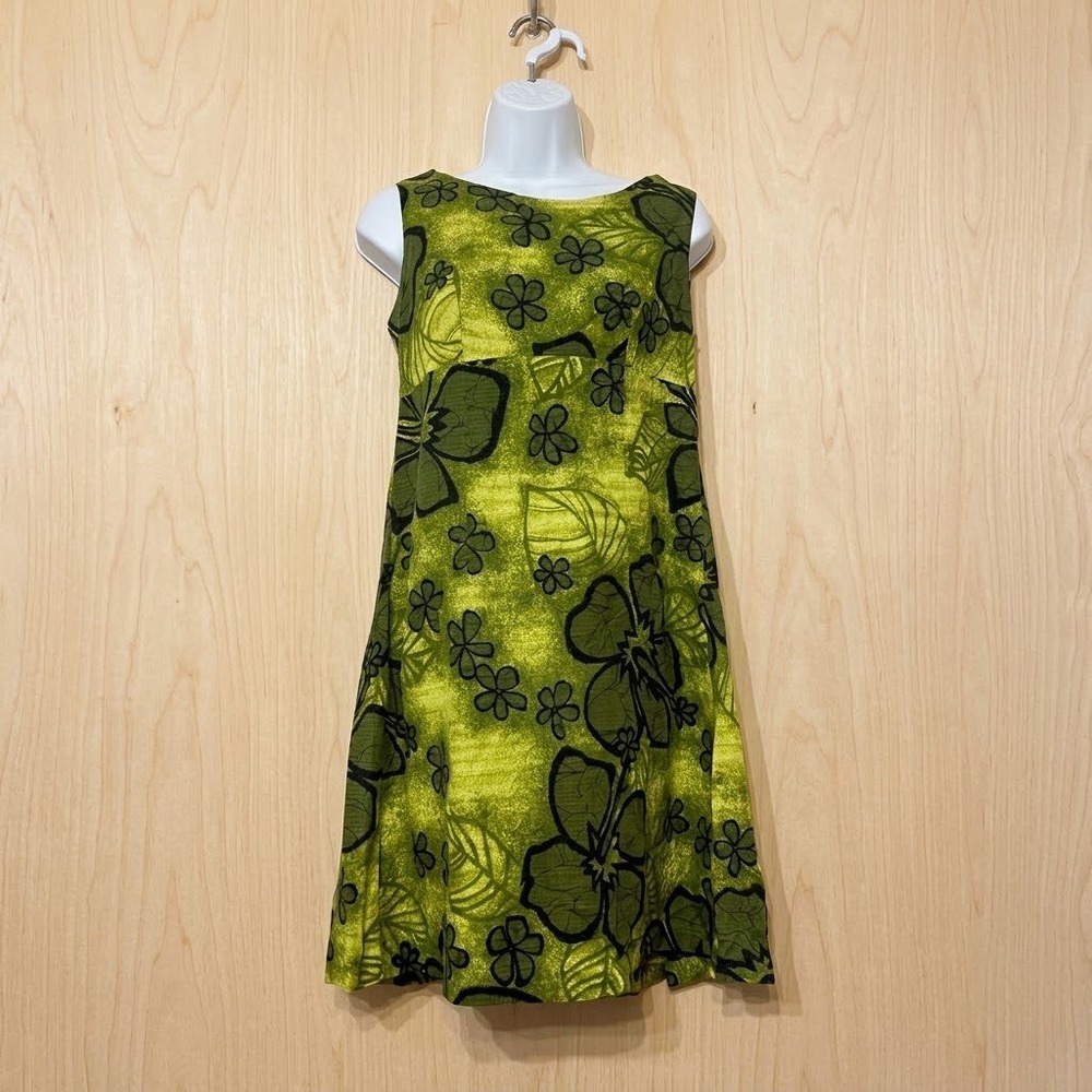 VTG 60s Polynesian Bazaar Hawaii Green Hibiscus Floral Barkcloth Shift Dress S